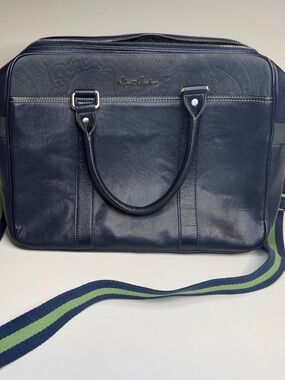 Robert Graham Navy Leather Laptop Bag with Blue and Green Strap